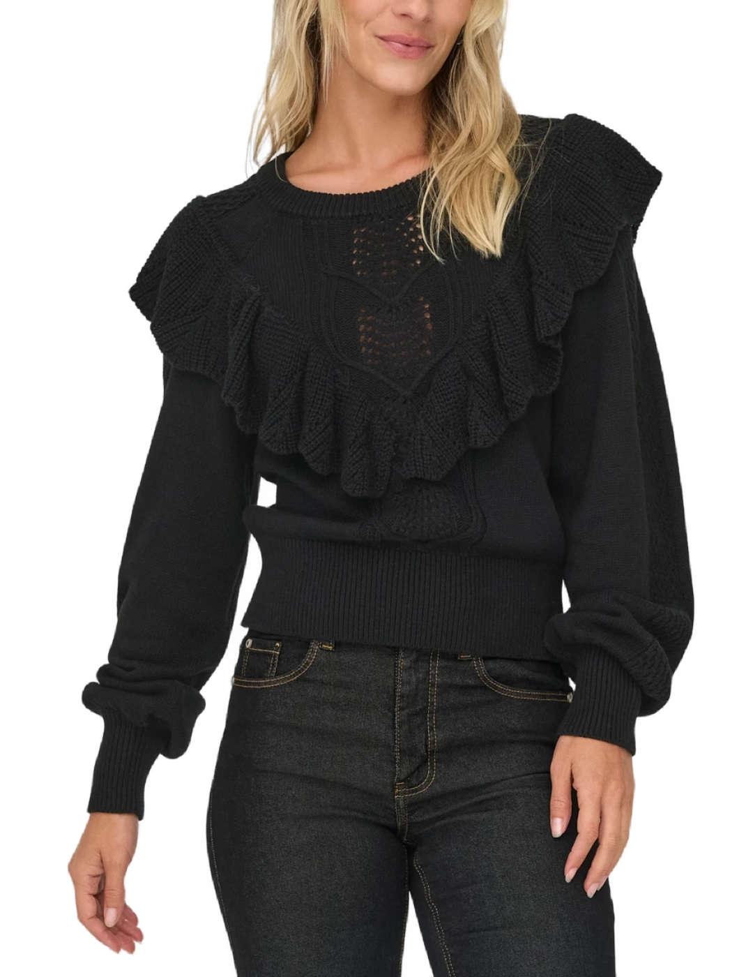 Jersey de punto Only Cherry negro volantes de mujer