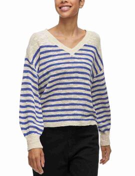 Jersey Vila Poca beige raya azulón de punto para mujer