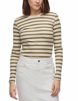 Camiseta Vila Amelie beige raya verde manga larga para mujer
