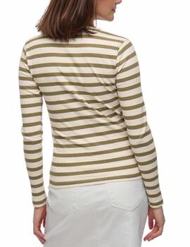 Camiseta Vila Amelie beige raya verde manga larga para mujer