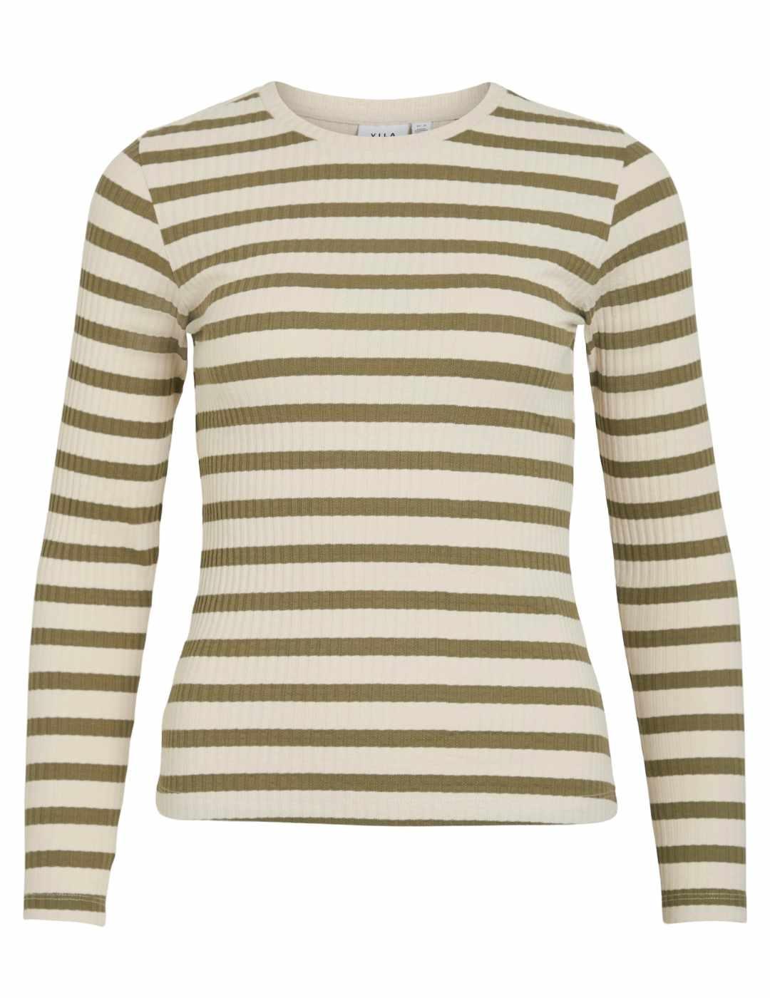 Camiseta Vila Amelie beige raya verde manga larga para mujer