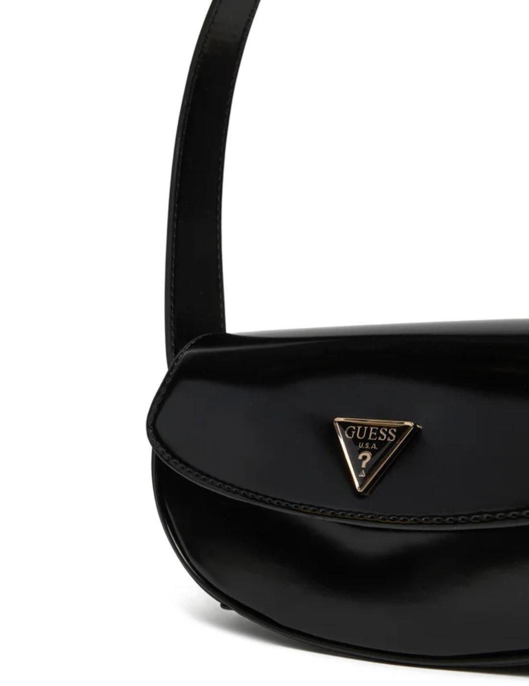 Bolso de hombro Guess Arnela flap negro charol para mujer