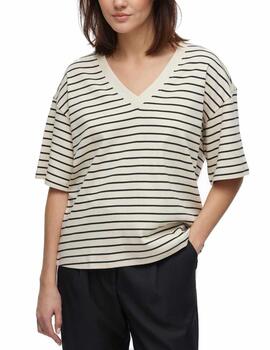 Camiseta Vila Sinny beige raya negra manga corta para mujer