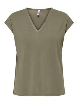 Camiseta Only Free khaki cuello pico manga corta para mujer