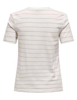 Camiseta Only Kita blanca rayas beige manga corta para mujer