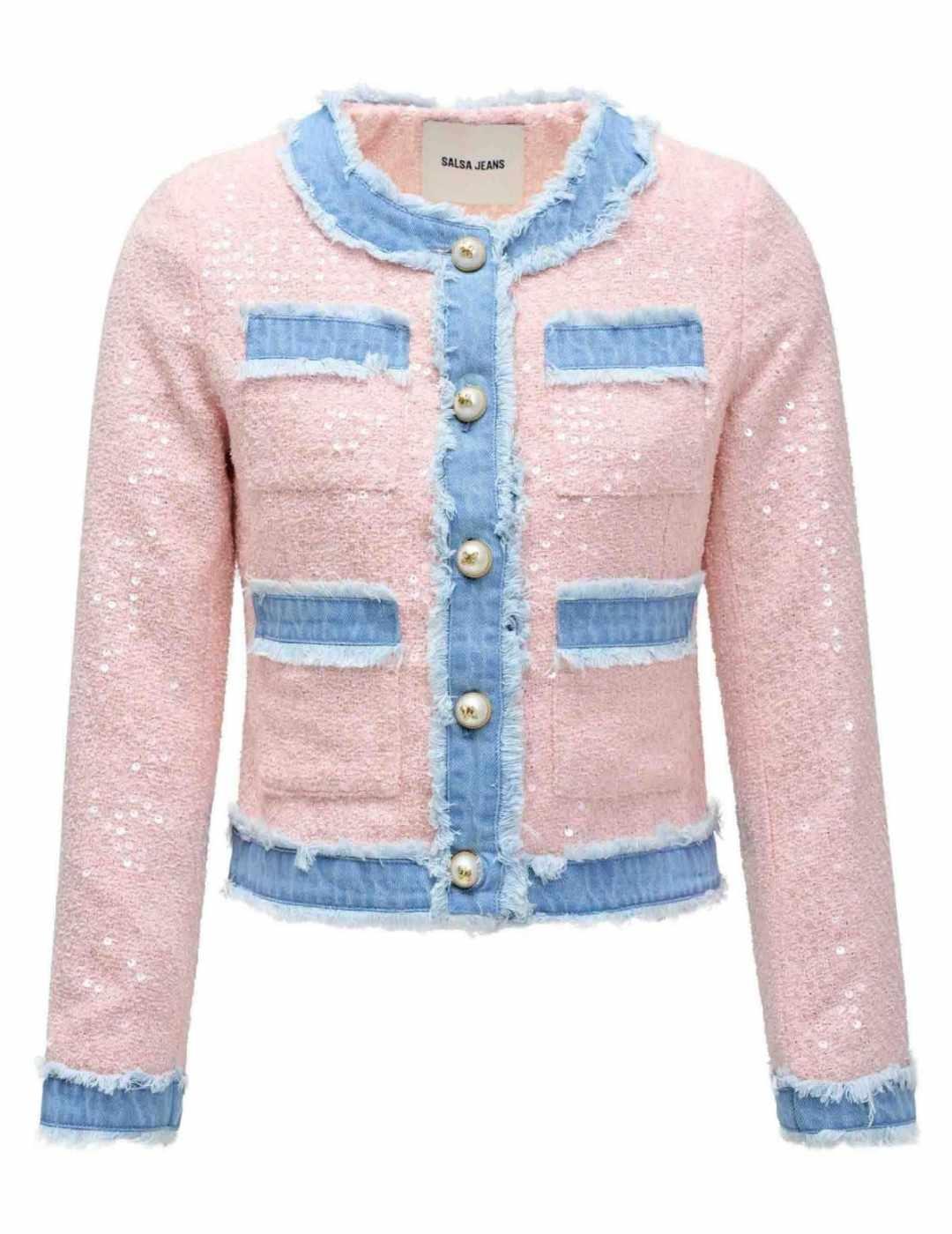 Chaqueta Salsa tweed rosa detalles en denim para mujer
