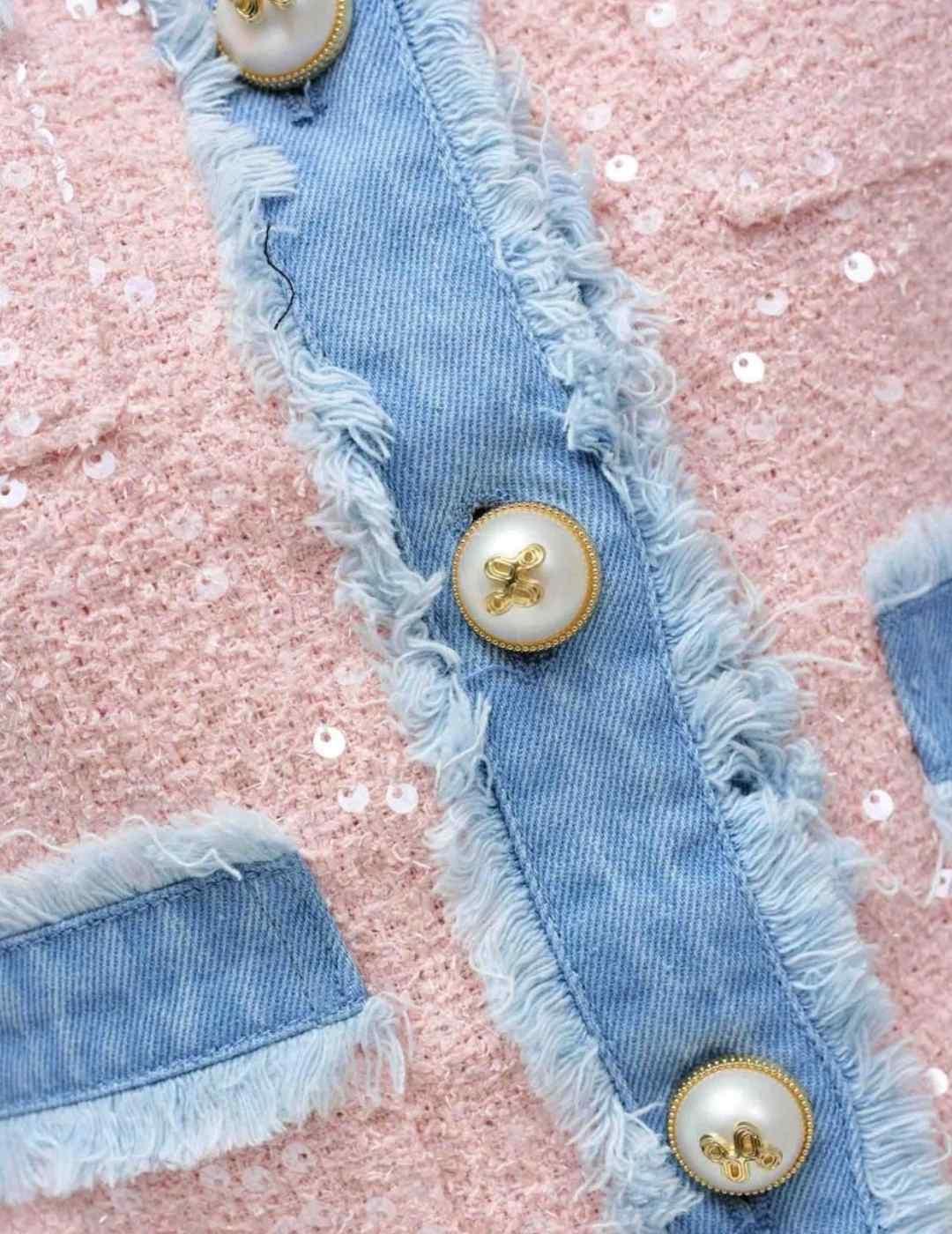 Chaqueta Salsa tweed rosa detalles en denim para mujer