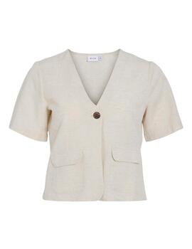 Top Vila Prisilla con bolsillos beige de lino para mujer