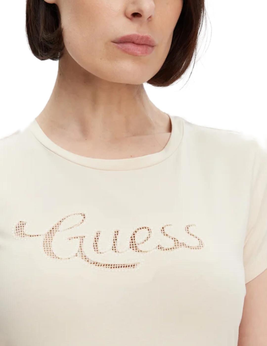 Camiseta Guess Dot Logo beige manga corta para mujer