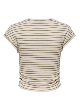 Camiseta Only Iben rayas beige manga corta para mujer