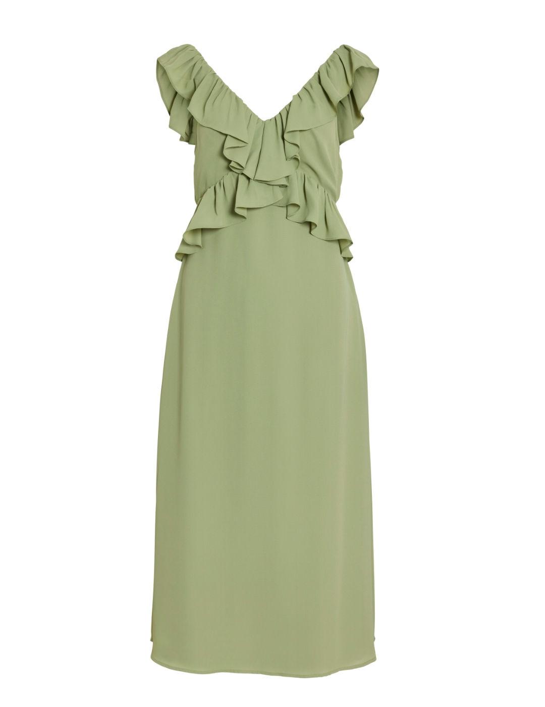 Vestido Vila Elke largo verde volantes para mujer