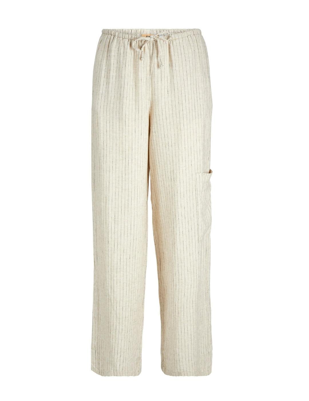 Pantalón JJXX Breeze beige rayas de lino para mujer