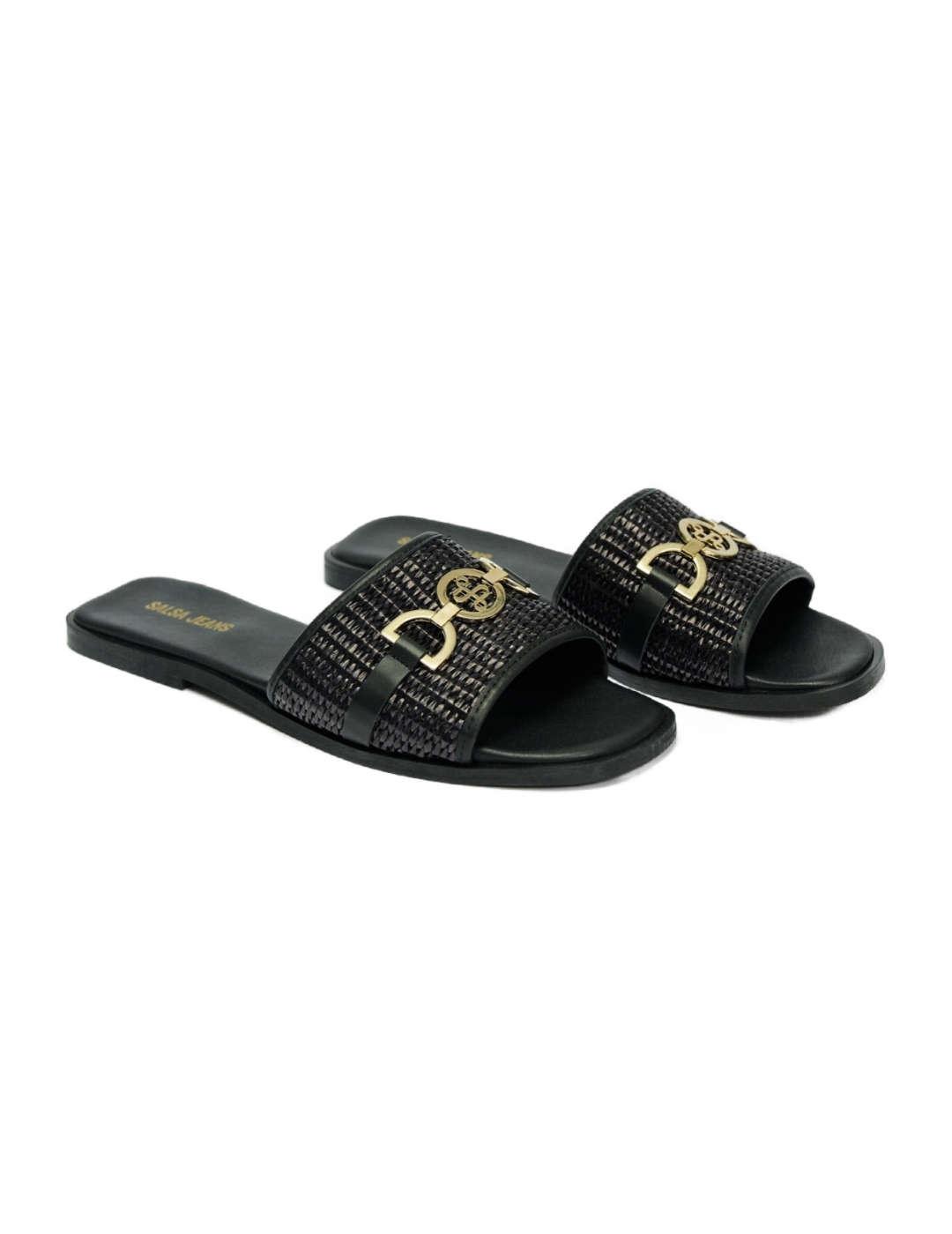 Sandalias Salsa piel negras rafia logotipo para mujer