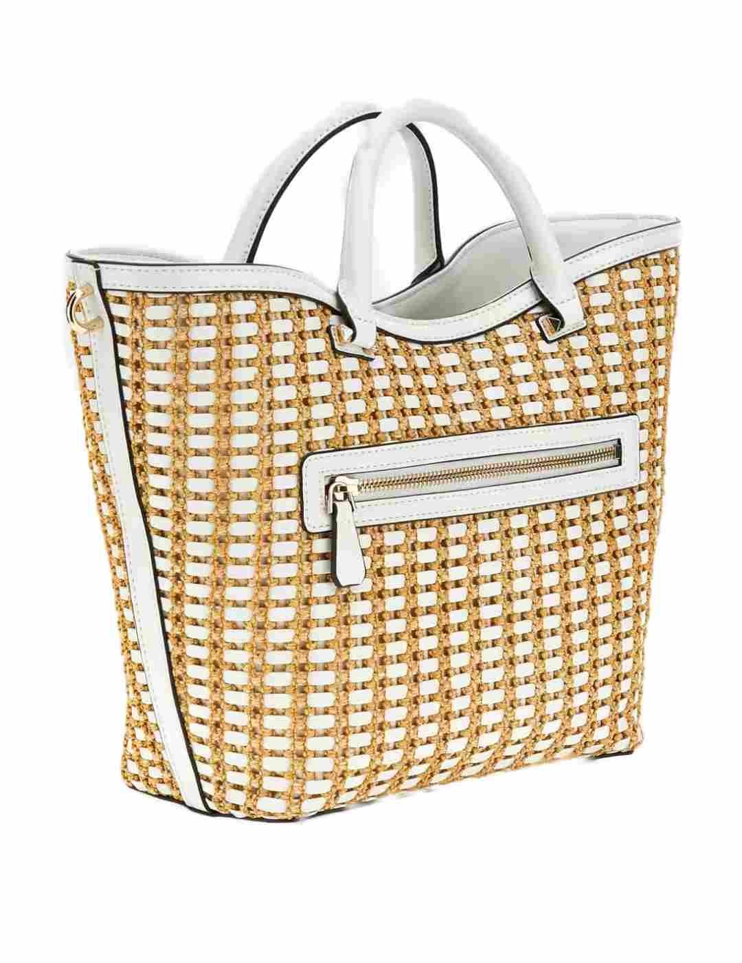 Bolso bandolera Guess Atalia Tote rafia blanco para mujer