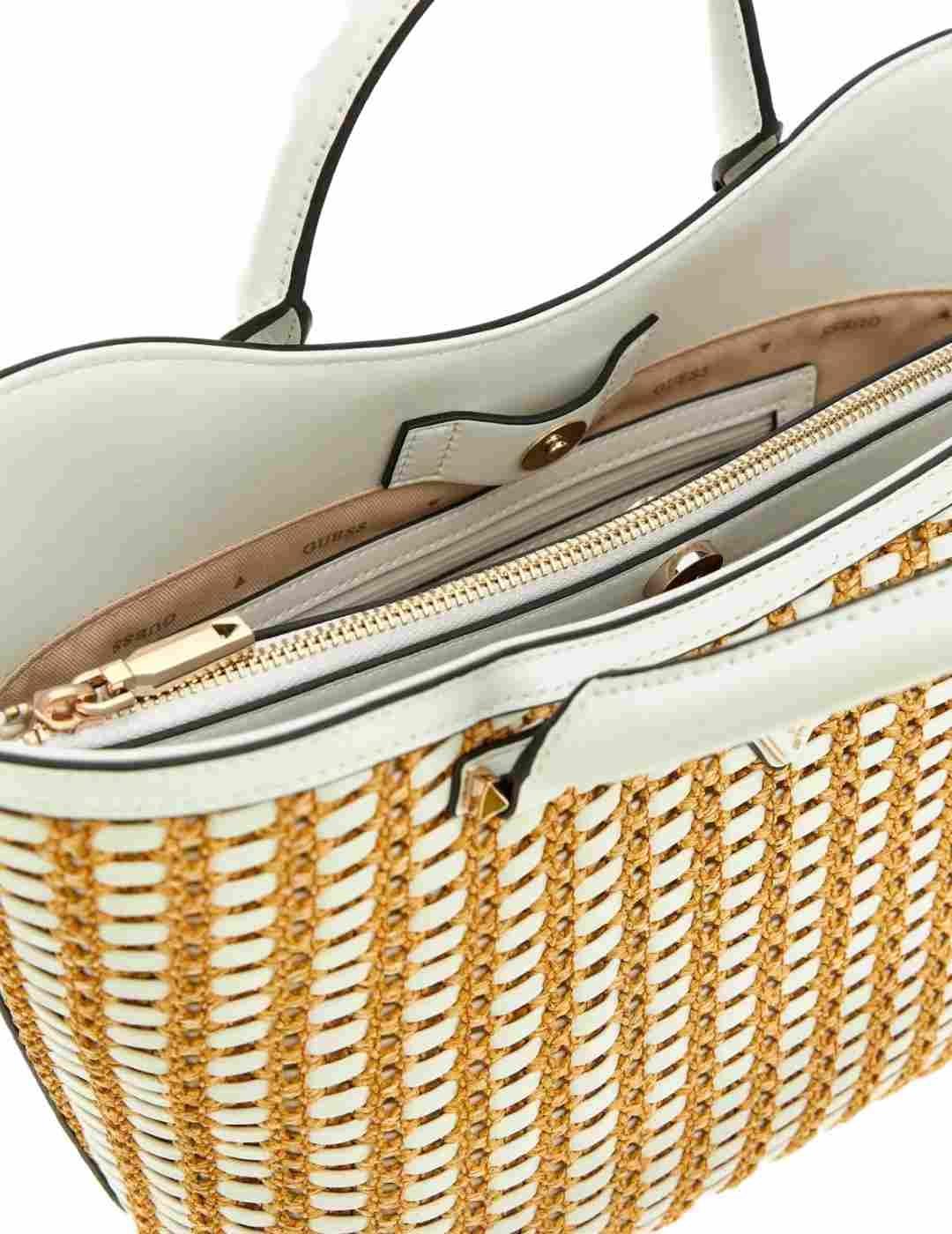 Bolso bandolera Guess Atalia Tote rafia blanco para mujer