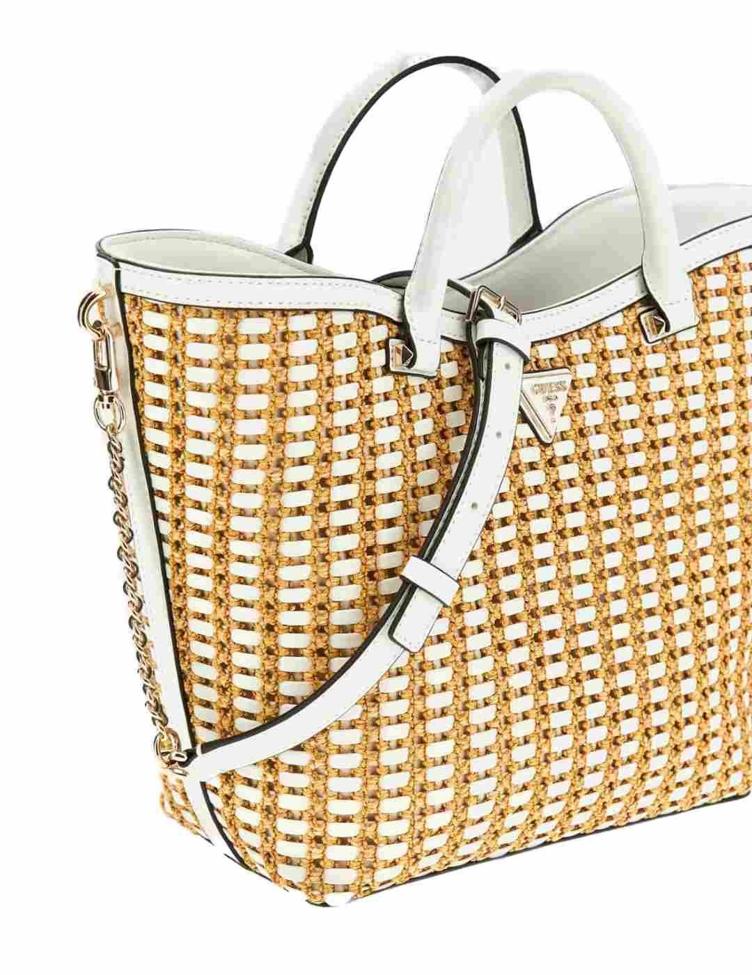 Bolso bandolera Guess Atalia Tote rafia blanco para mujer