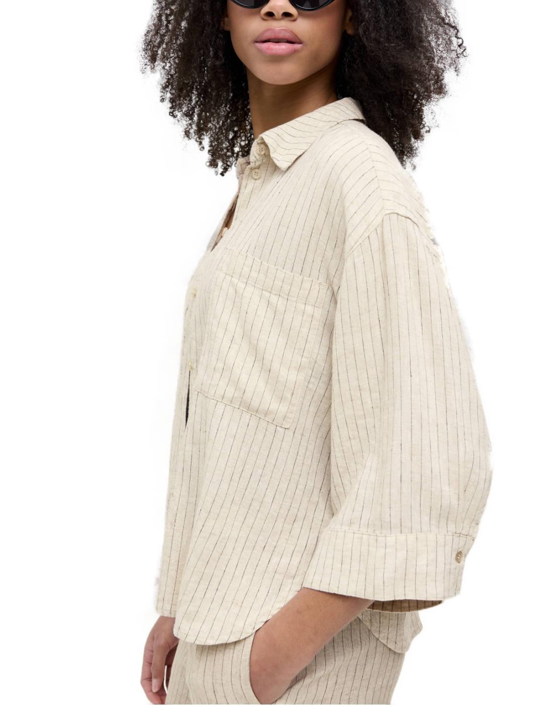 Camisa JJXX Breeze beige rayas lino manga 3/4 para mujer