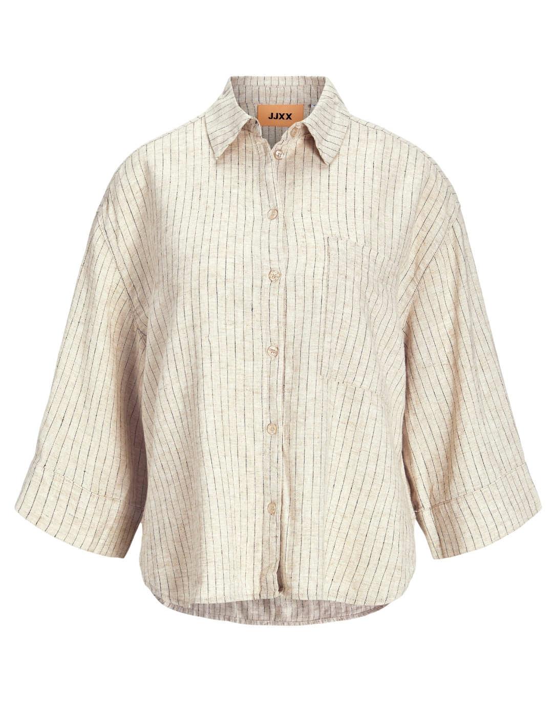 Camisa JJXX Breeze beige rayas lino manga 3/4 para mujer