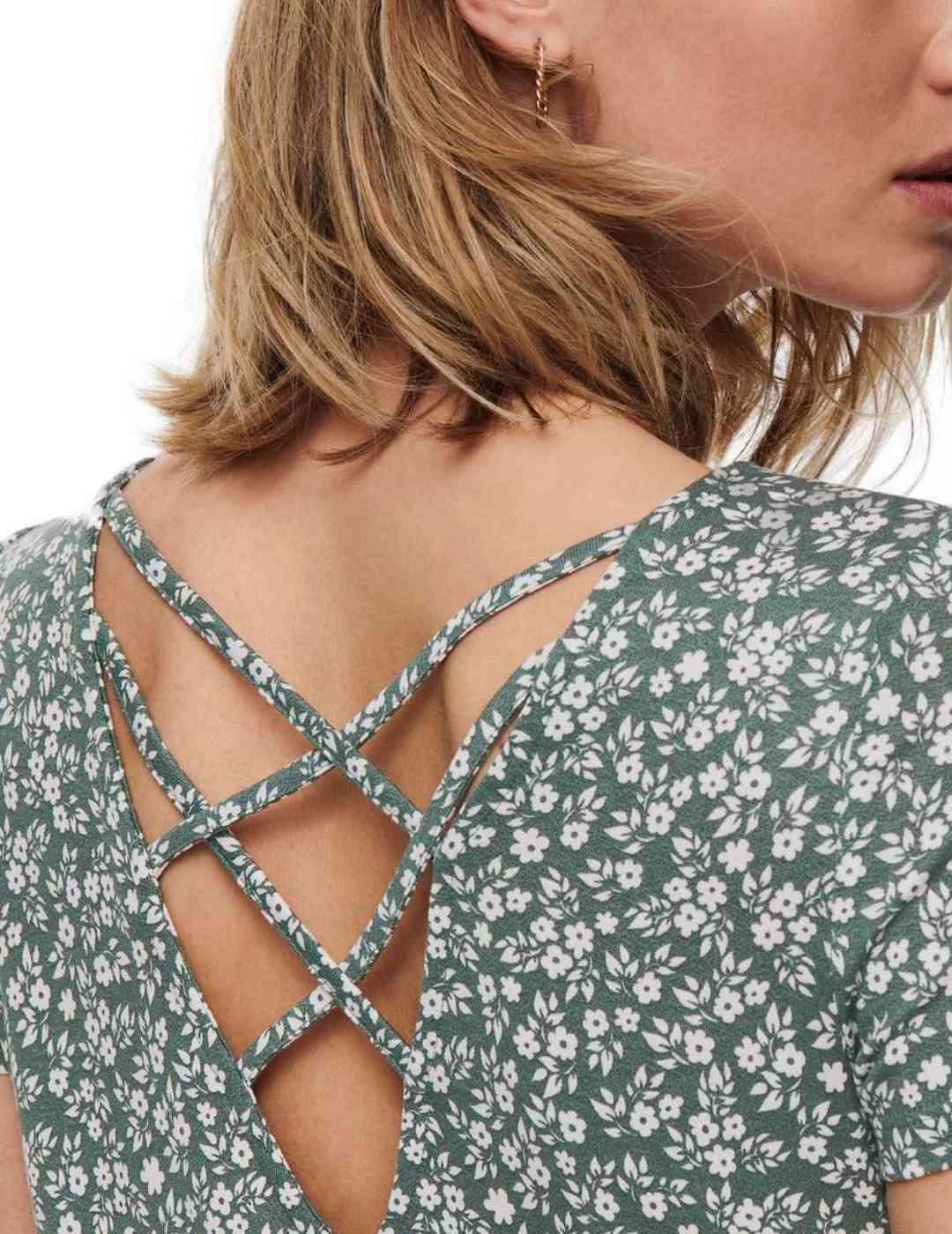 Vestido Only Bera verde estampado flores blancas de mujer