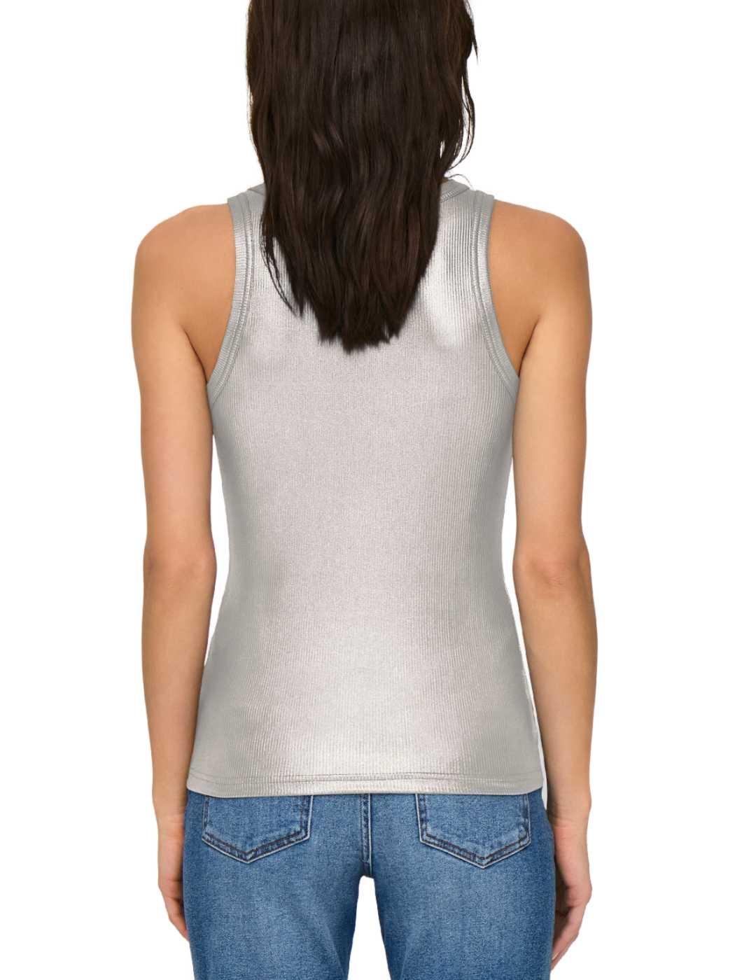 Top Only Sol rib blanco plateado ajustado de mujer