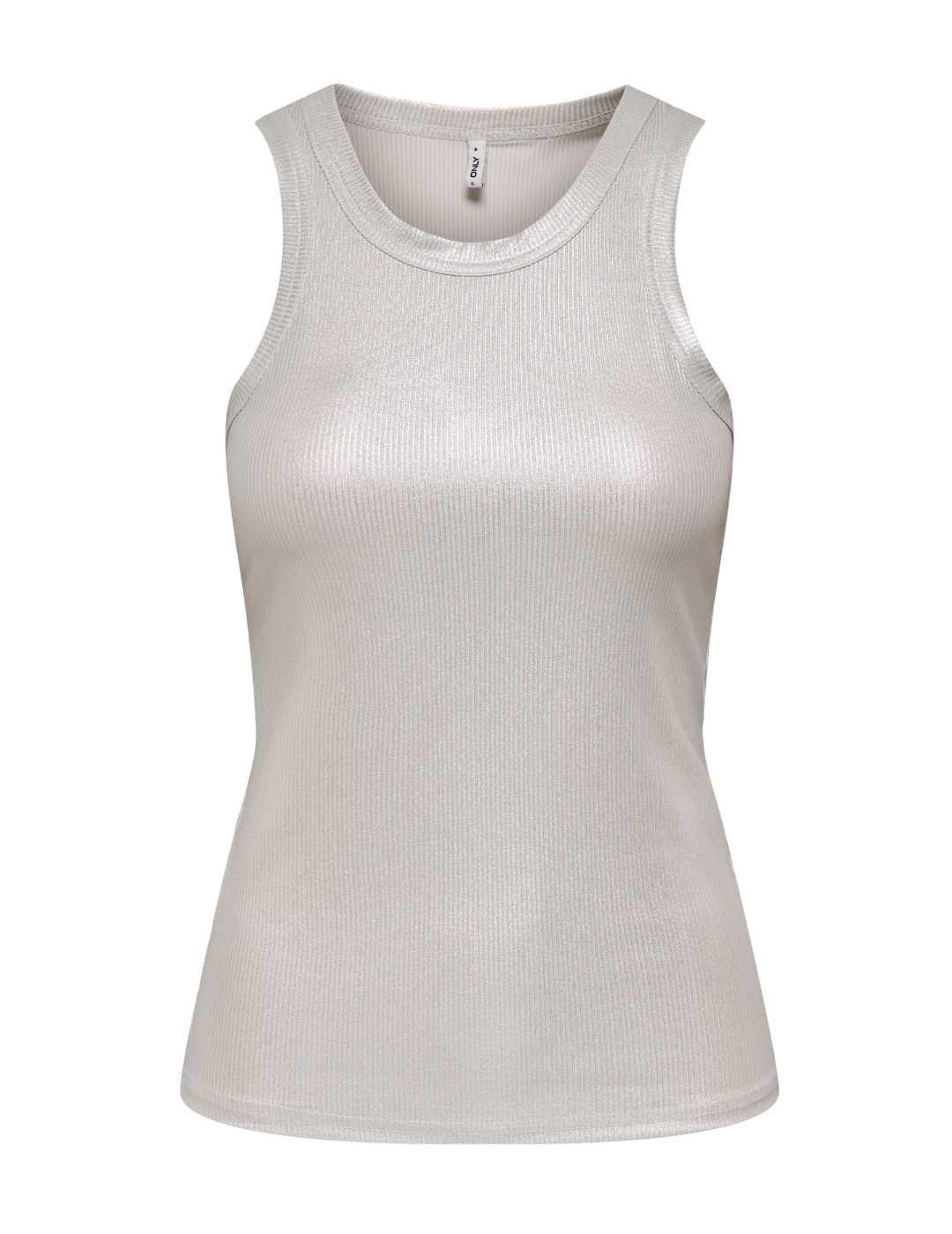 Top Only Sol rib blanco plateado ajustado de mujer