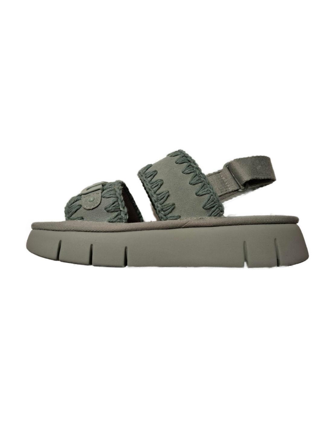 Sandalias Mou verde monocromática piel y bordados de mujer