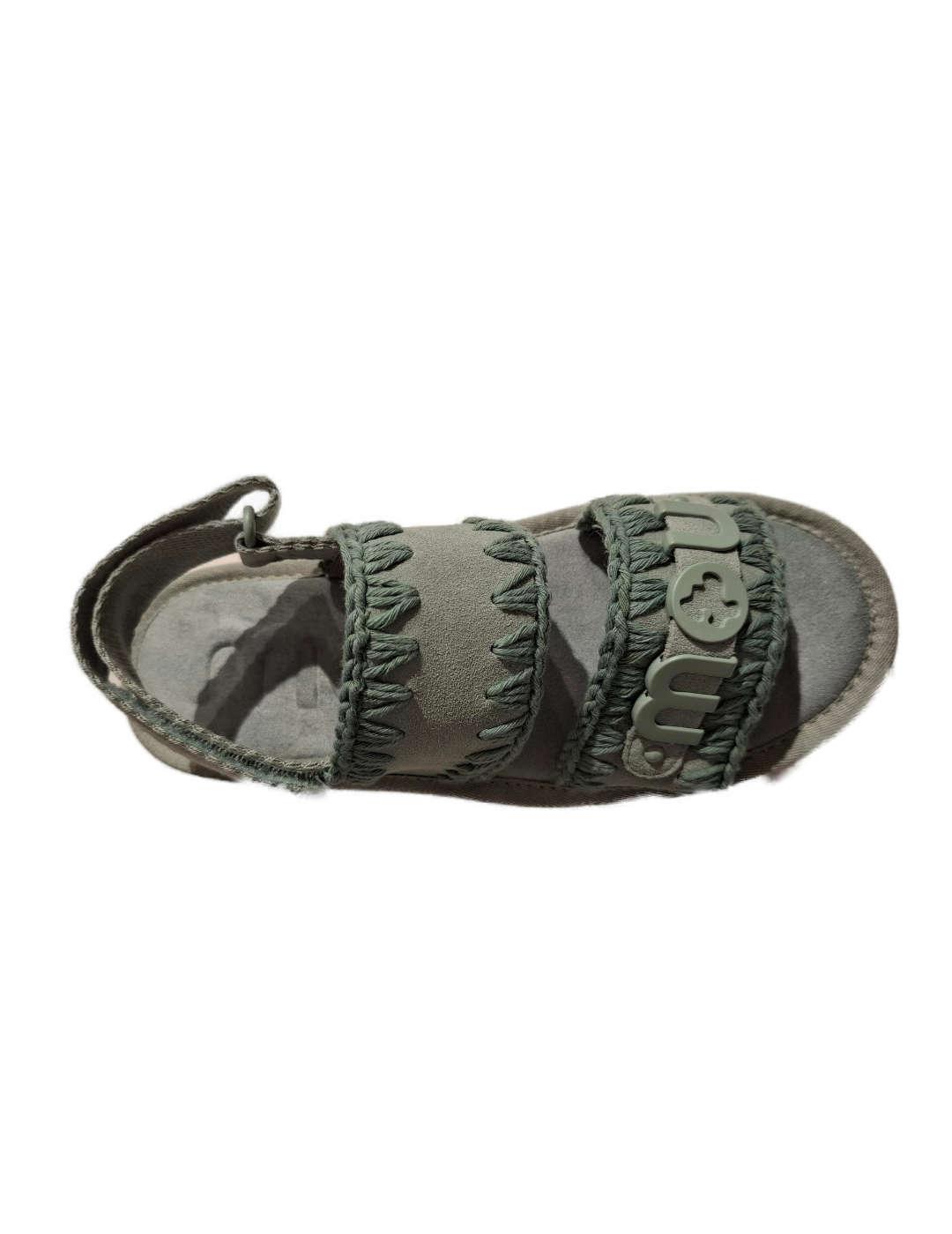 Sandalias Mou verde monocromática piel y bordados de mujer