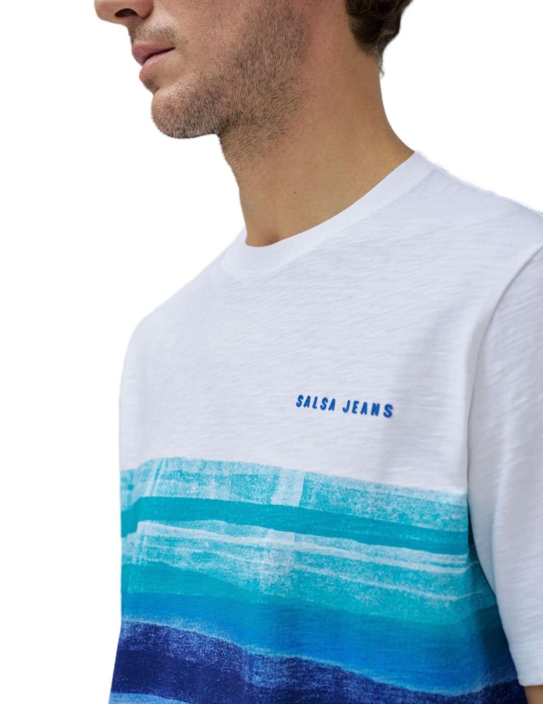 Camiseta Salsa blanca franja azul manga corta para hombre