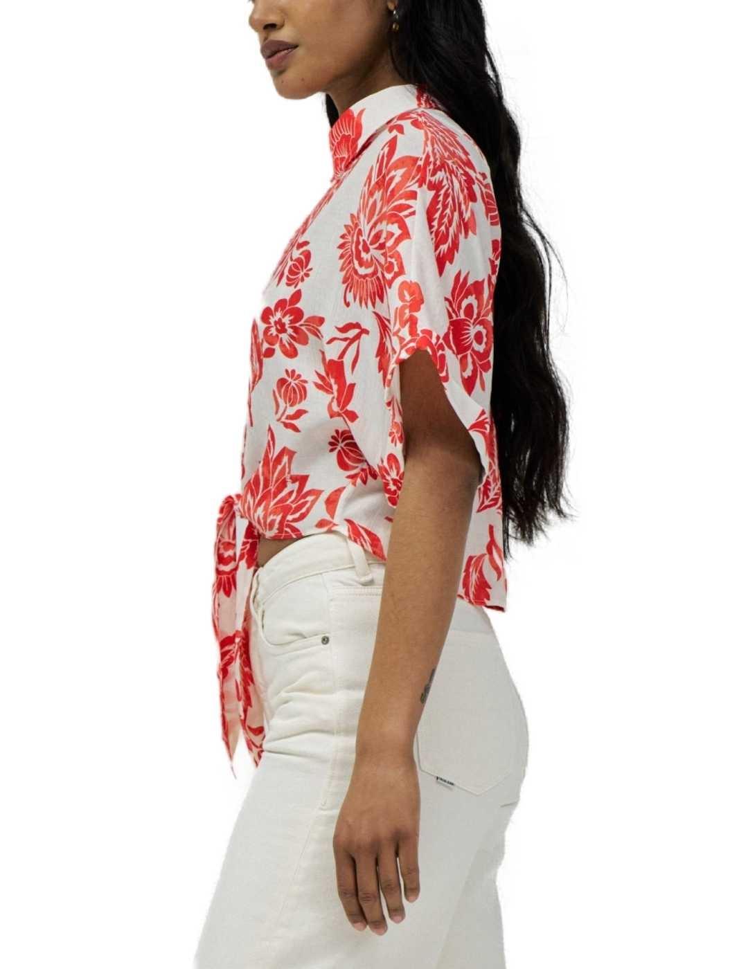 Camisa Salsa flores coral lazo manga japonesa para mujer