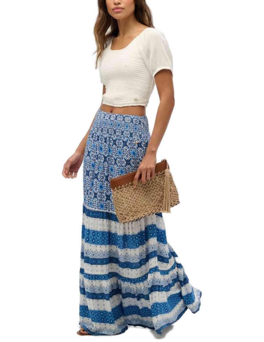 Falda Superdry larga azul blanca dibujo azulejo para mujer