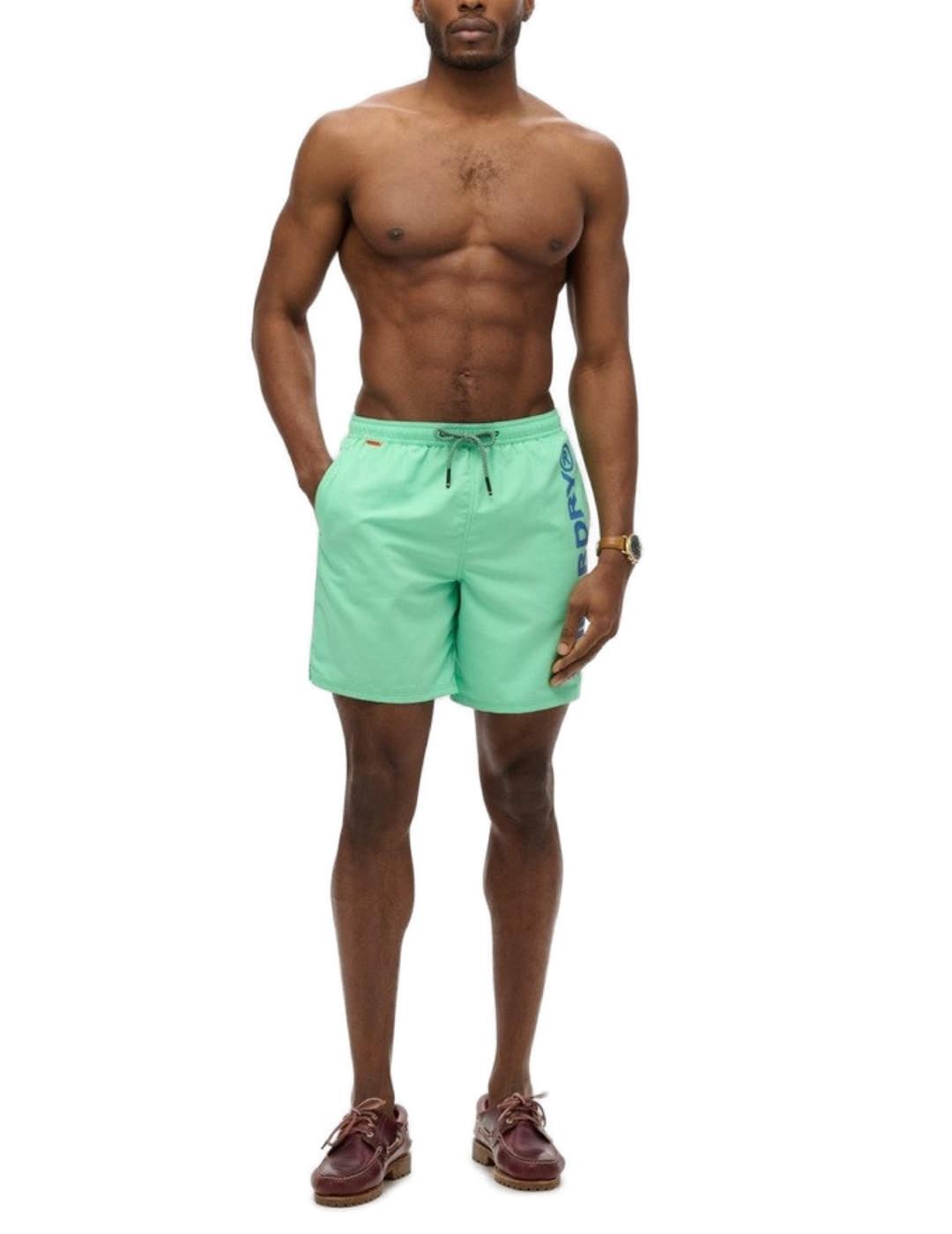 Bañador Superdry verde logo azul cordón para hombre