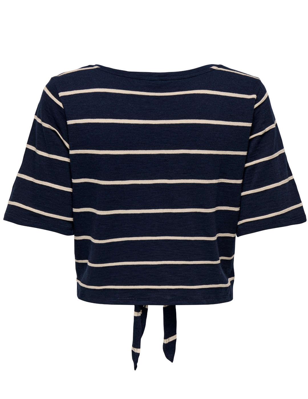 Camiseta Only Summer rayas azul marina cropped lazo de mujer