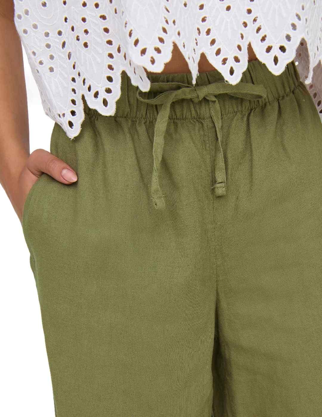 Pantalón Only Caro verde militar lino cordón para mujer