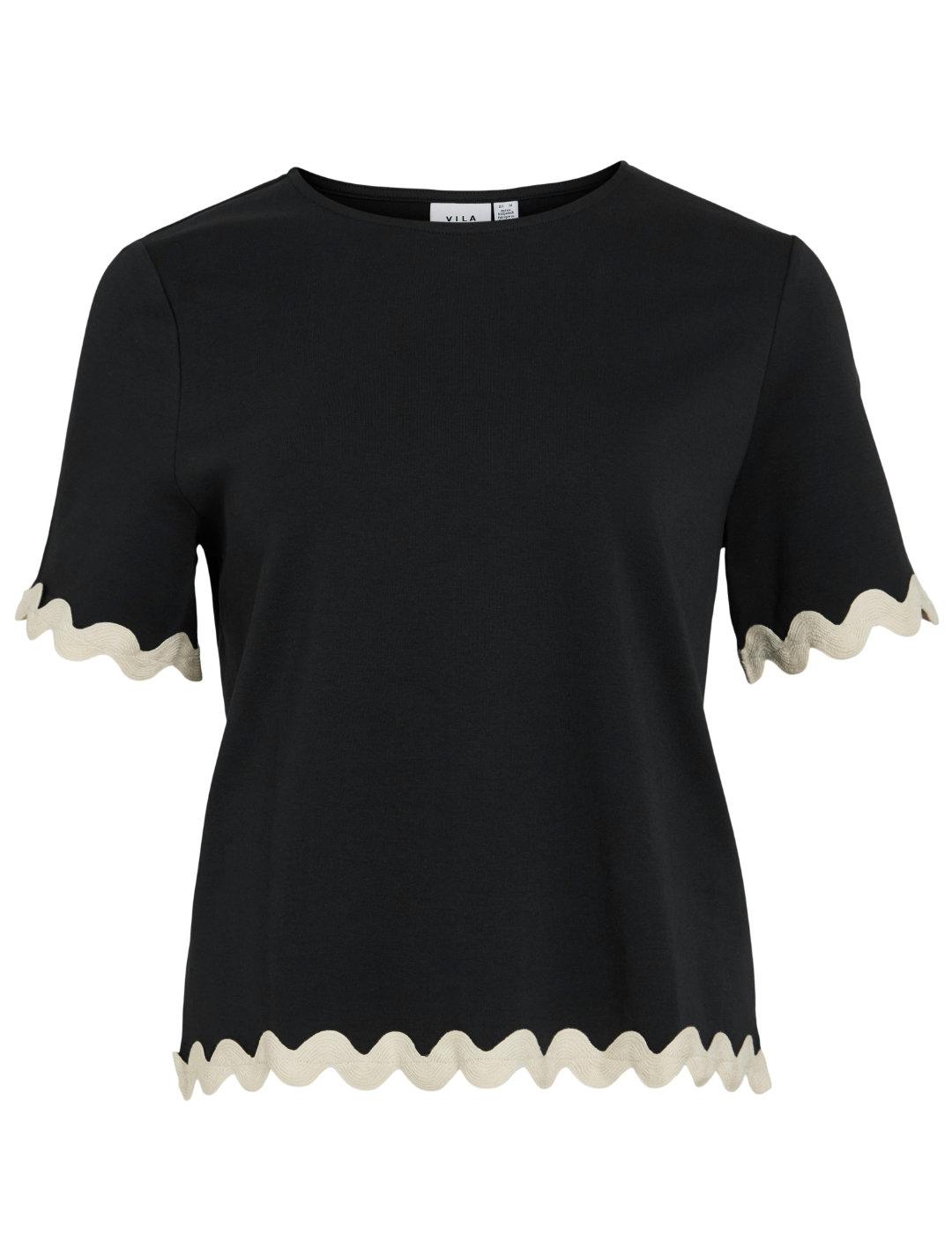 Camiseta Vila Calisa negra bordes detalle ondulado de mujer