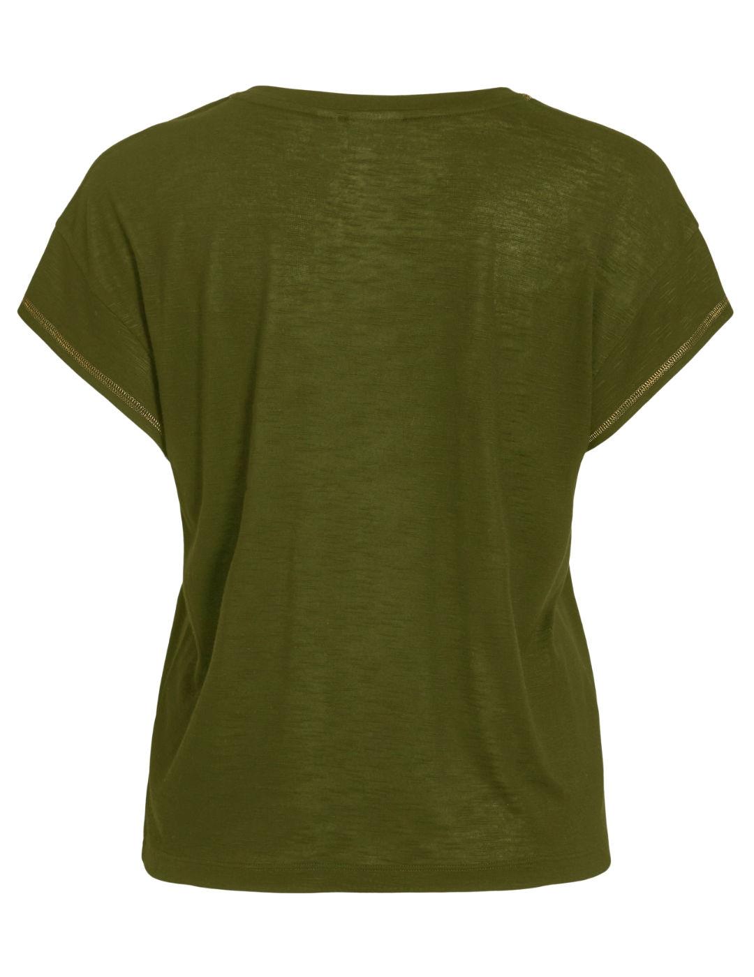 Camiseta Vila Noel verde costura contrasre dorado para mujer