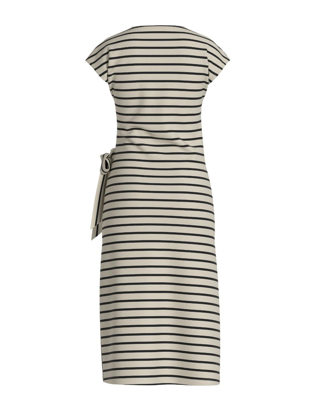 Vestido Vila Pompia midi beige rayas negras lazo para mujer